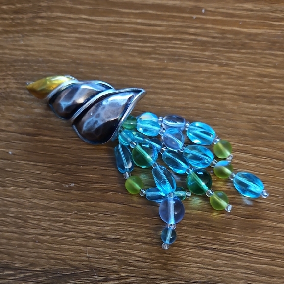 GIVENCHY Enamel and Glass Beaded Statement Shell Brooch Pin Designer Vtg